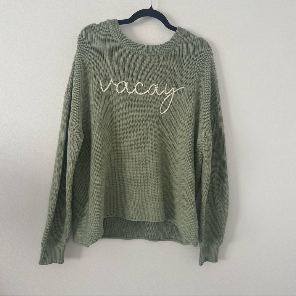 Sage Green Vacay Graphic Knit Sweater M/L Relaxed Fit Lightweight Crewneck - Picture 1 of 5